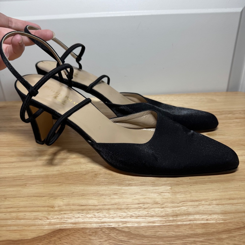 Phyllis Poland Phase 2 Black Shimmer Slingback Heels Made in Italy 8.5 AA Narrow